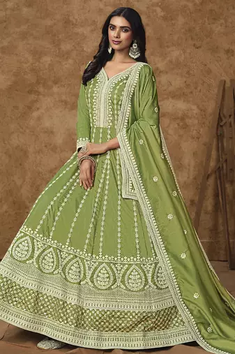 Light green dola silk embroidered anarkali suit