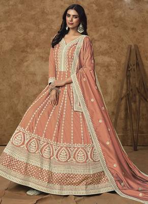 Light orange dola silk embroidered anarkali suit 2