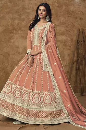 Light orange dola silk embroidered anarkali suit