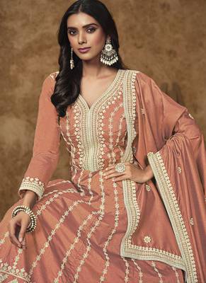 Light orange dola silk embroidered anarkali suit 3