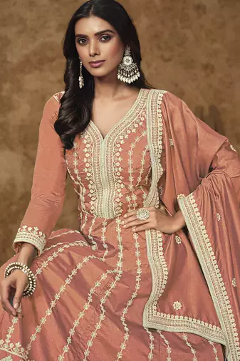 Light orange dola silk embroidered anarkali suit