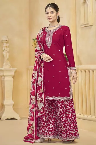 Rani pink roman silk embroidered palazzo suit