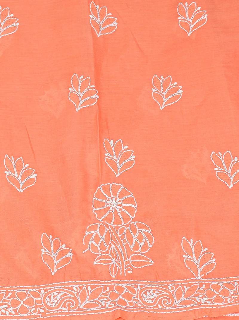 Hand embroidered peach cotton lucknowi chikankari unstitched suit piece