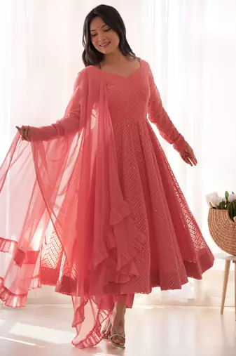 Designer Peach Embroidered Anarkali Dress With Ruffle Dupatta     Ethnic Wear For Women
