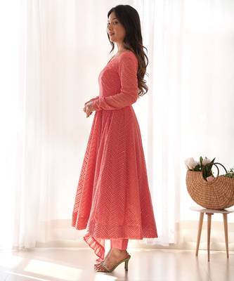 Designer Peach Embroidered Anarkali Dress With Ruffle Dupatta     Ethnic Wear For Women 3