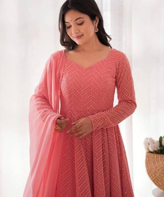Designer Peach Embroidered Anarkali Dress With Ruffle Dupatta     Ethnic Wear For Women 5
