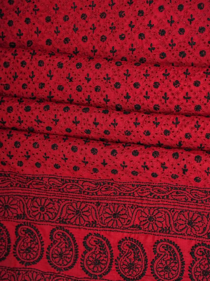 Hand embroidered maroon cotton lucknowi chikankari unstitched suit piece 