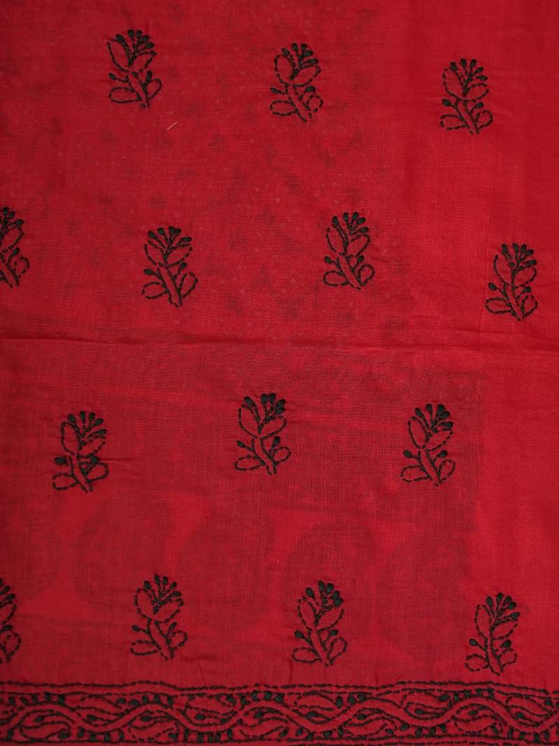 Hand embroidered maroon cotton lucknowi chikankari unstitched suit piece 