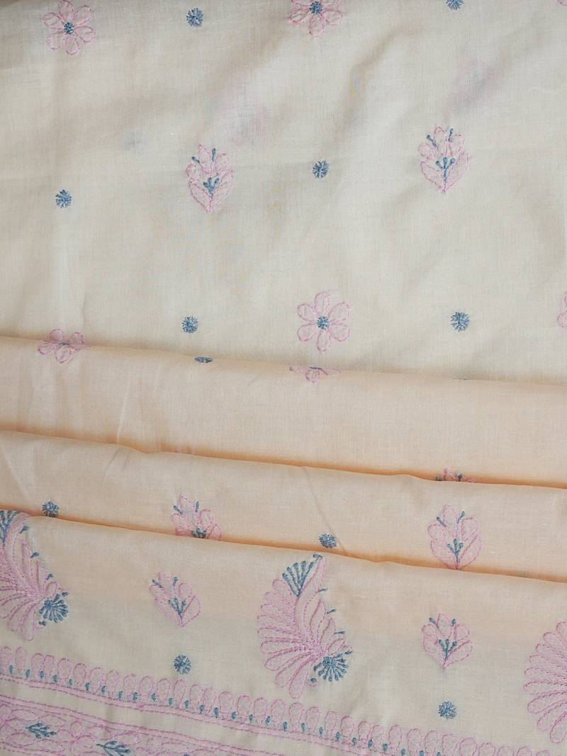 Hand embroidered peach cotton lucknowi chikankari unstitched suit piece