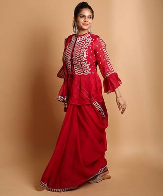 Crimson designer saree with jacket style ready blouse. 1