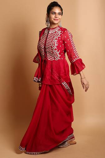 Crimson designer saree with jacket style ready blouse.