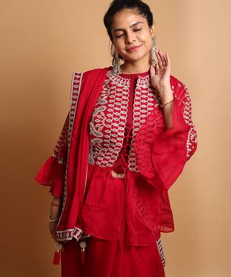 Crimson designer saree with jacket style ready blouse. 6