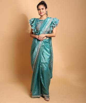Teal gota patti embroidered saree with ready blouse 5