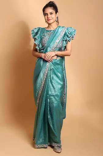 Teal gota patti embroidered saree with ready blouse