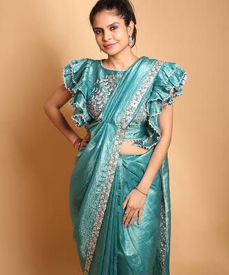 Teal gota patti embroidered saree with ready blouse 6