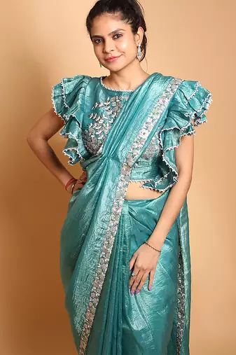 Teal gota patti embroidered saree with ready blouse