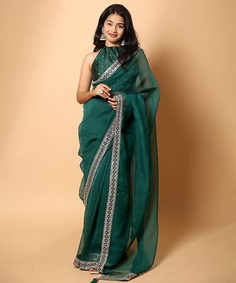 Rama green embroidered saree with ready blouse 1