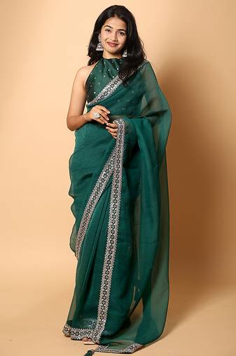 Rama green embroidered saree with ready blouse