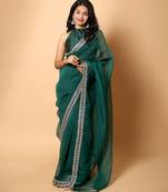 Rama green embroidered saree with ready blouse