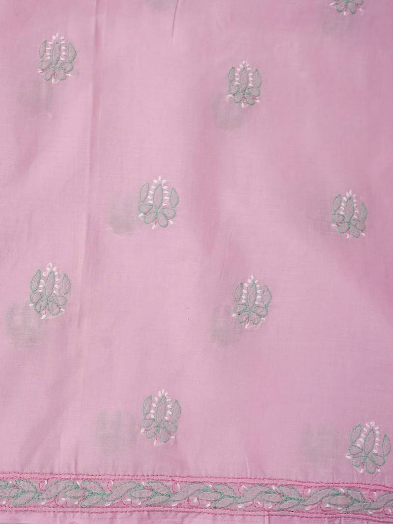 Hand embroidered pink cotton lucknowi chikankari unstitched suit piece