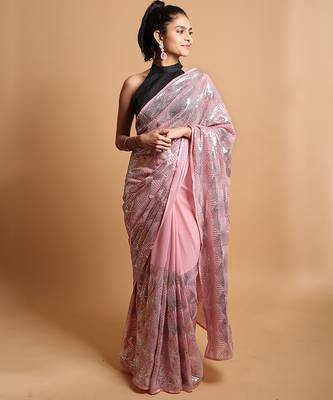 Sequined diamond pattern baby pink saree 1