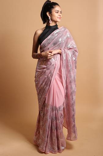 Sequined diamond pattern baby pink saree