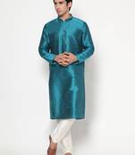 Teal blue Silk Kurta Pajama Set in with White Churidar Ethnic Outfit for Festivals & Weddings