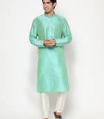 Sea Green Silk Kurta Pajama Set in with White Churidar Ethnic Outfit for Festivals & Weddings
