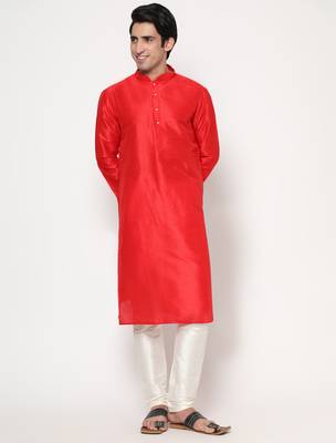 Red Silk Kurta Pajama Set in with White Churidar Ethnic Outfit for Festivals & Weddings 1