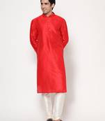 Red Silk Kurta Pajama Set in with White Churidar Ethnic Outfit for Festivals & Weddings