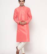 Rose Pink Silk Kurta Pajama Set in with White Churidar Ethnic Outfit for Festivals & Weddings