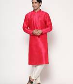 Rose Madder Silk Kurta Pajama Set in with White Churidar Ethnic Outfit for Festivals & Weddings