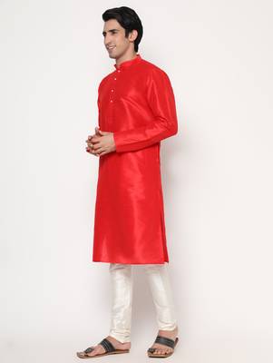 Red Silk Kurta Pajama Set in with White Churidar Ethnic Outfit for Festivals & Weddings 2