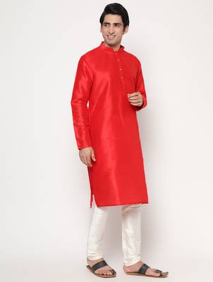Red Silk Kurta Pajama Set in with White Churidar Ethnic Outfit for Festivals & Weddings 3