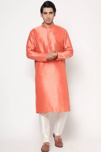 Peach Silk Kurta Pajama Set with White Churidar Ethnic Outfit for Festivals & Weddings