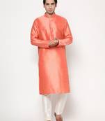 Peach Silk Kurta Pajama Set with White Churidar Ethnic Outfit for Festivals & Weddings
