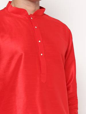 Red Silk Kurta Pajama Set in with White Churidar Ethnic Outfit for Festivals & Weddings 4