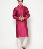 Magenta Silk Kurta Pajama Set in with White Churidar Ethnic Outfit for Festivals & Weddings