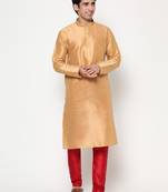 Gold Silk Kurta Pajama Set in with Red Churidar Ethnic Outfit for Festivals & Weddings