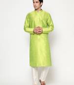 Green Silk Kurta Pajama Set in with White Churidar Ethnic Outfit for Festivals & Weddings
