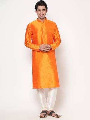 Orange Silk Kurta Pajama Set in with White Churidar Ethnic Outfit for Festivals & Weddings 1
