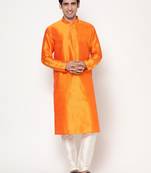 Orange Silk Kurta Pajama Set in with White Churidar Ethnic Outfit for Festivals & Weddings