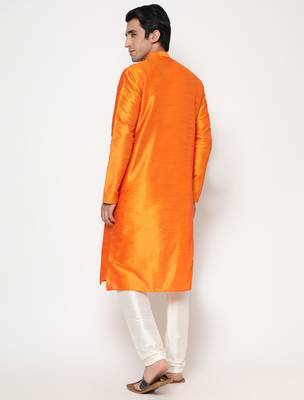 Orange Silk Kurta Pajama Set in with White Churidar Ethnic Outfit for Festivals & Weddings 2