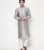 Grey Silk Kurta Pajama Set in with White Churidar Ethnic Outfit for Festivals & Weddings