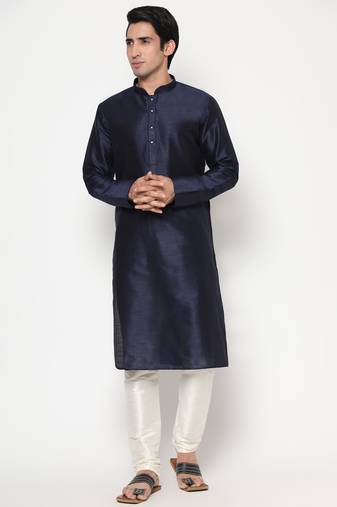 Navy Blue Silk Kurta Pajama Set in with White Churidar Ethnic Outfit for Festivals & Weddings