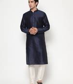 Navy Blue Silk Kurta Pajama Set in with White Churidar Ethnic Outfit for Festivals & Weddings