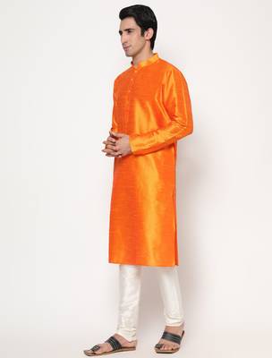Orange Silk Kurta Pajama Set in with White Churidar Ethnic Outfit for Festivals & Weddings 3