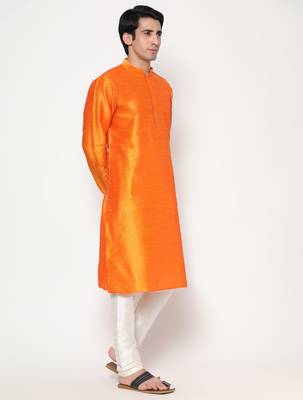 Orange Silk Kurta Pajama Set in with White Churidar Ethnic Outfit for Festivals & Weddings 4