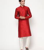 Maroon Silk Kurta Pajama Set in with White Churidar Ethnic Outfit for Festivals & Weddings