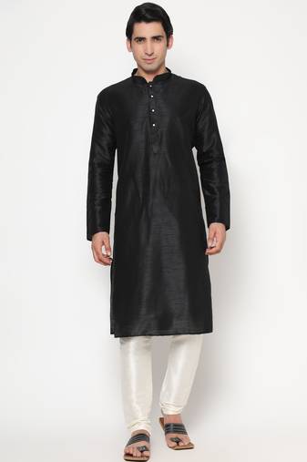 Black Silk Kurta Pajama Set in with White Churidar Ethnic Outfit for Festivals & Weddings